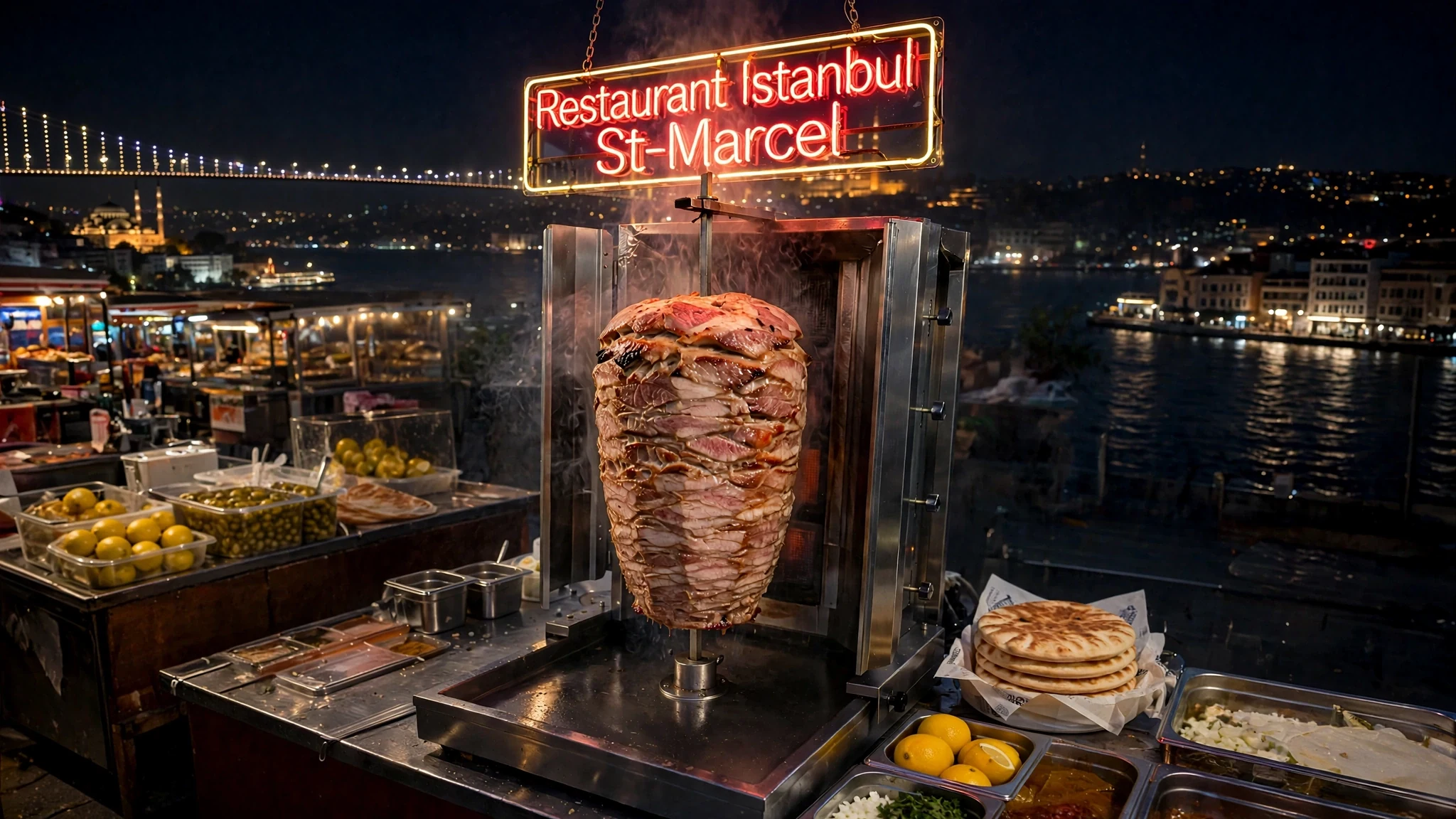 Broche de döner devant le Bosphore illuminé et l’enseigne Restaurant Istanbul Saint-Marcel